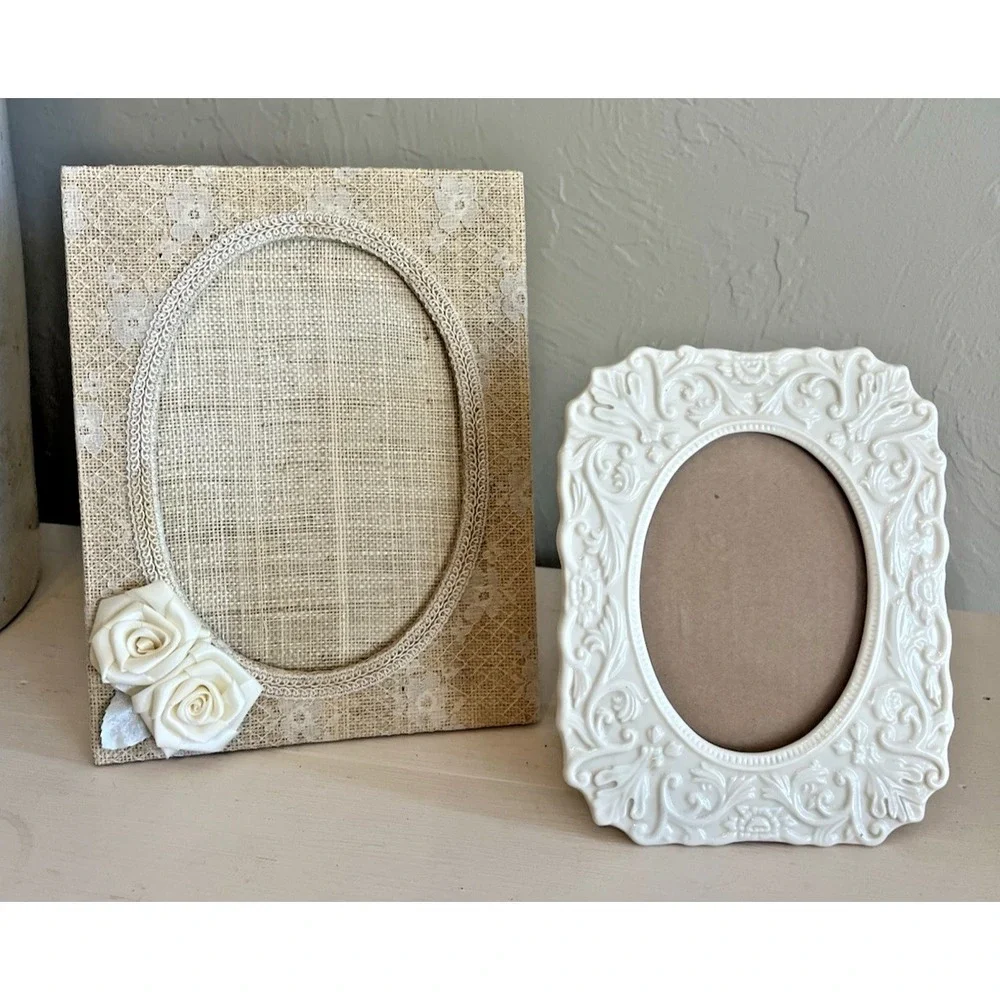 Victorian Shabby Romantic Photo Picture Frame Set Burlap Lace Lenox Porcelain